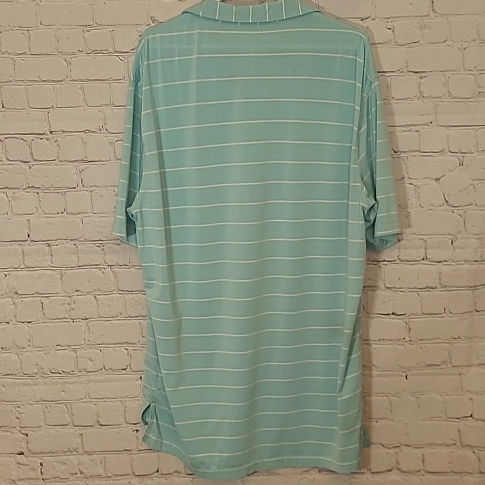 Peter Millar size Large Summer Comfort Aqua White Striped Golf Shirt Flaw